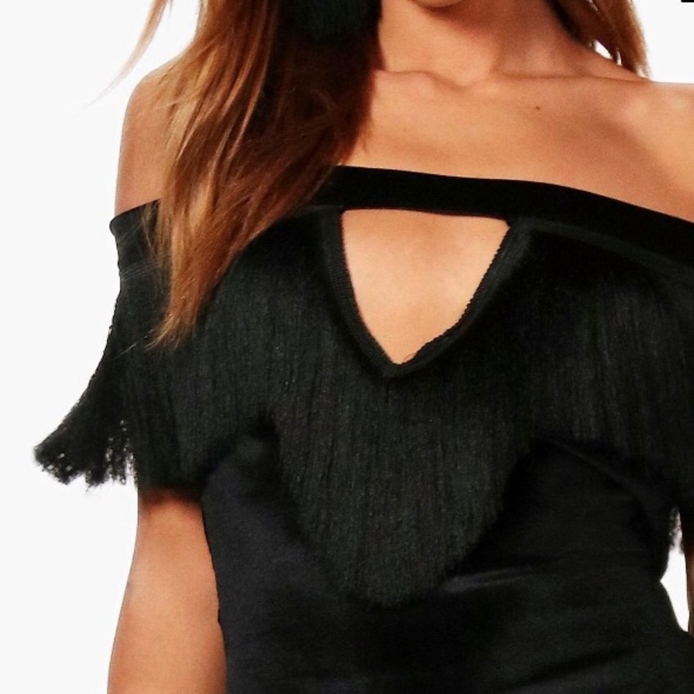 NWT Fringe tassel velvet Bardot mini dress - Picture 2 of 5